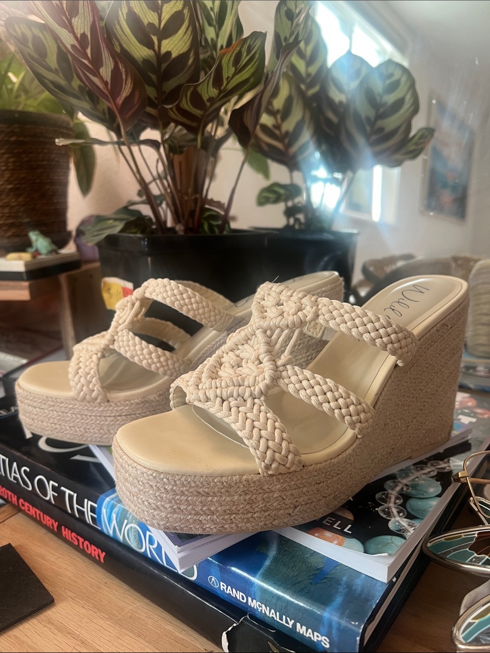 Braided Cream Wedge Sandals for Women - Neutral Slip-On